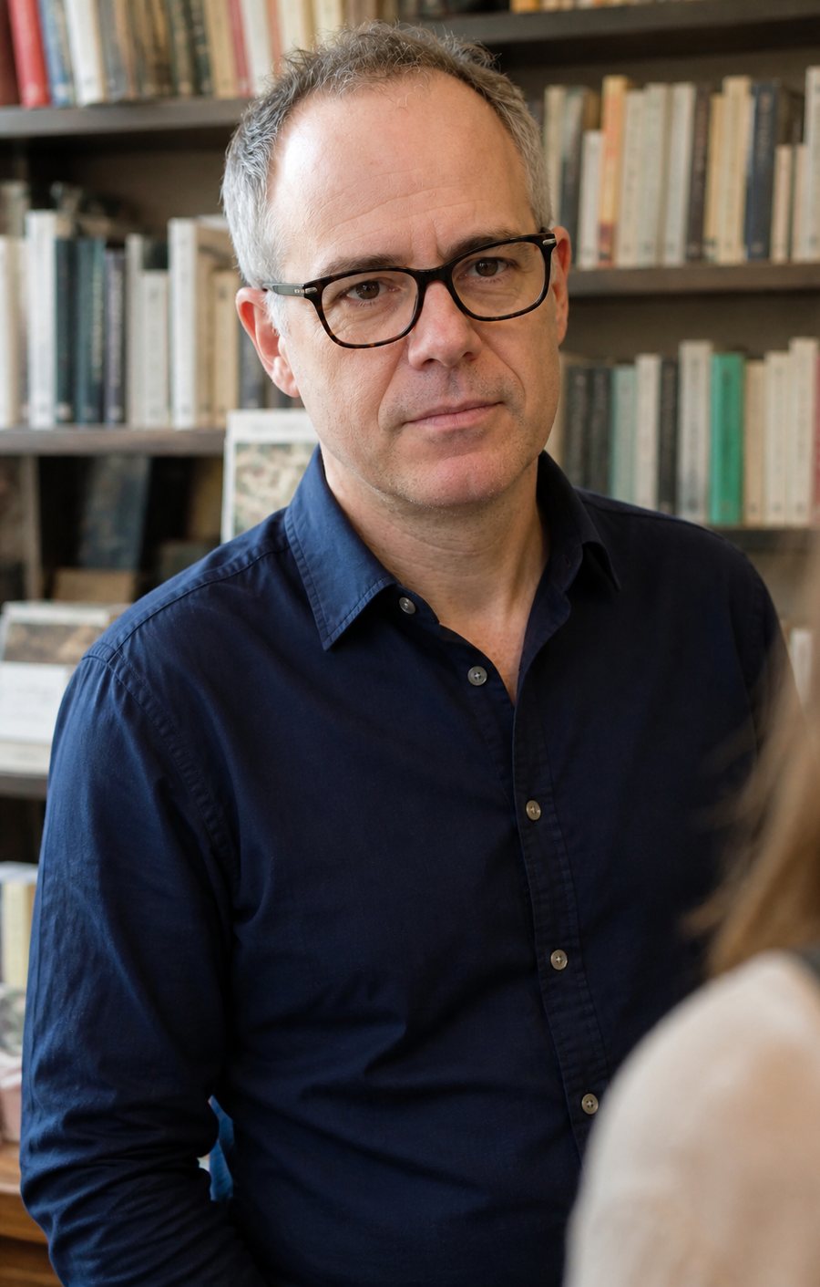 Sean Harley Chambers in a navy shirt in front of shelves of history books